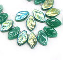 12x7mm Teal green leaf czech glass beads with luster - 30Pc