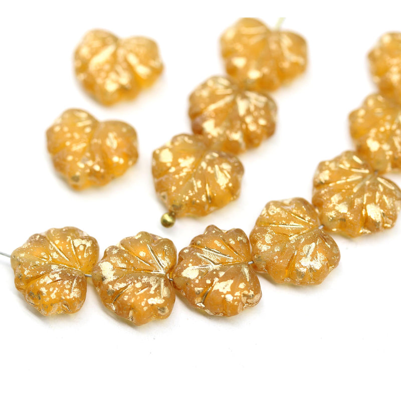 11x13mm Frosted yellow Czech glass maple leaf beads gold flakes - 10pc