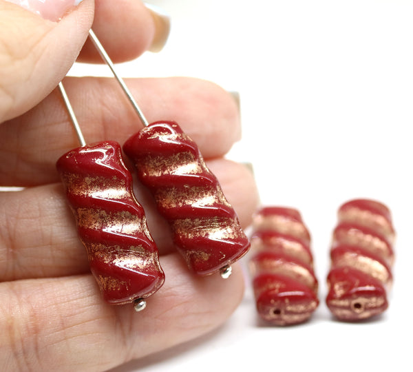 25x11mm Red Rectangular czech glass beads gold wash, 4Pc