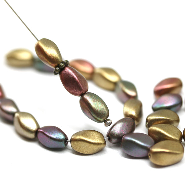 9x6mm Metallic oval twisted oval glass beads mix, 30pc