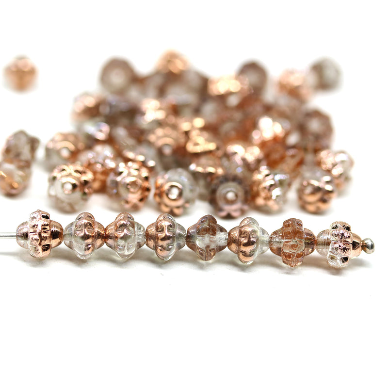 6mm Clear fancy bicone czech glass beads, copper coating, 50pc