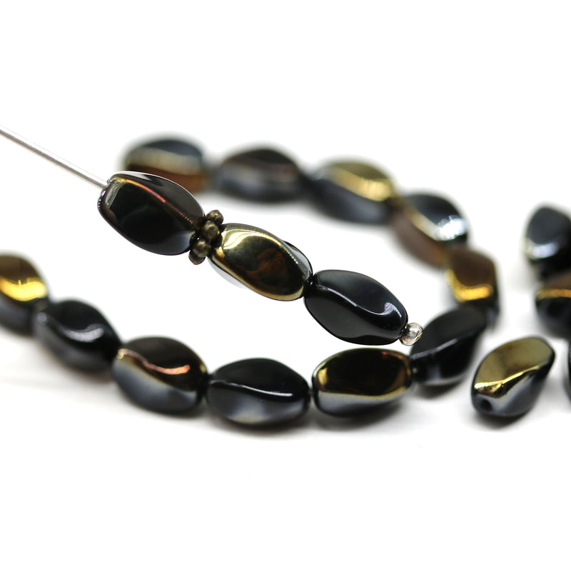 9x6mm Black oval twisted oval glass beads, metallic finish, 30pc
