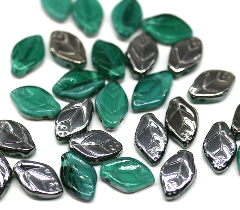12x7mm Teal green leaf beads, metallic coating - 30pc