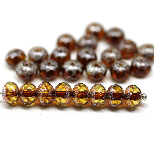5x7mm Brown topaz Czech glass rondelle beads, silver finish - 25pc