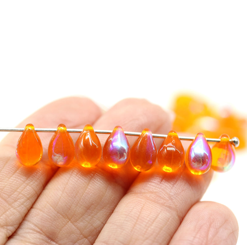 6x9mm Orange czech glass teardrop beads, AB finish - 40pc