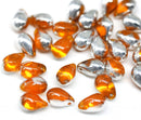 6x9mm Orange czech glass teardrop beads, silver coating finish - 30pc