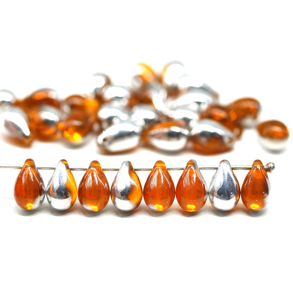 6x9mm Orange czech glass teardrop beads, silver coating finish - 30pc