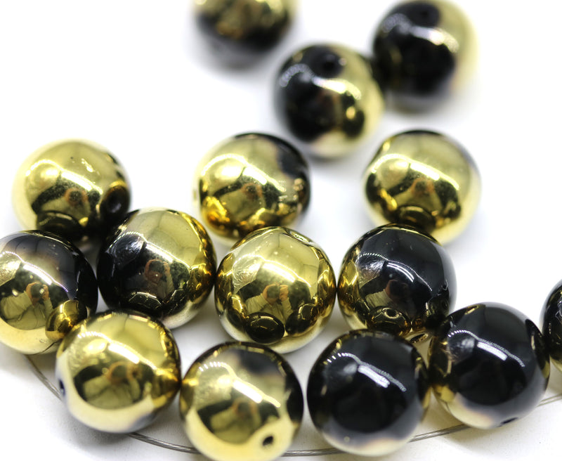 10mm Black gold round druk Czech glass pressed beads - 15Pc