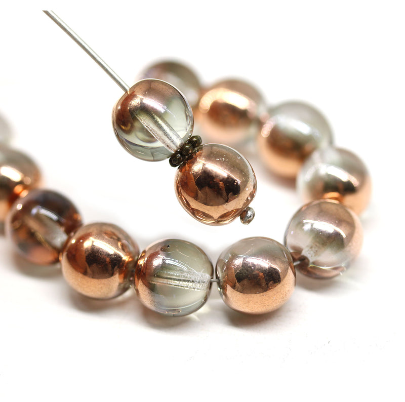 10mm Clear round czech glass druk beads, copper coating - 15pc