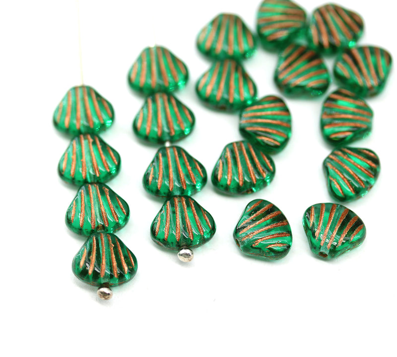 9x7mm Green glass shell Czech beads center drilled, 20pc