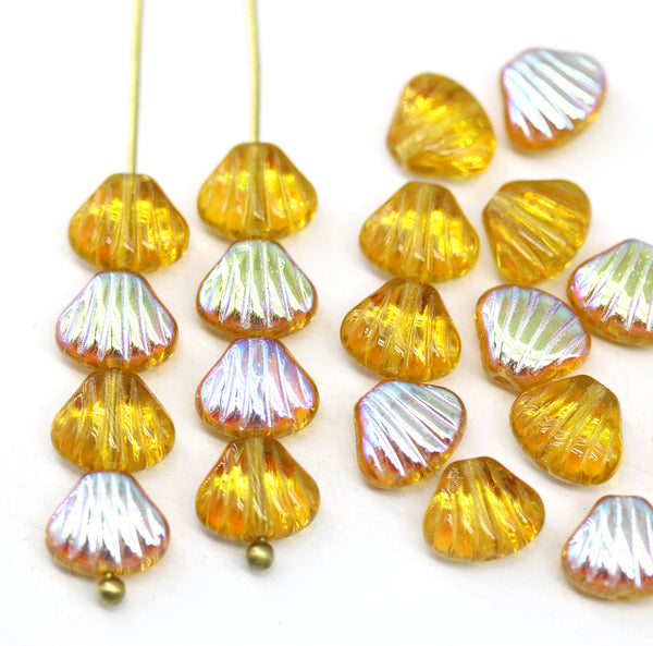 9x7mm Yellow brown glass shell Czech beads center drilled, 20pc