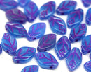 12x7mm Opal blue leaf beads, pink inlays - 30pc
