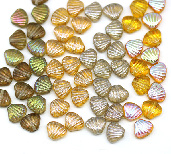 9x7mm Yellow brown glass shell Czech beads center drilled, 20pc