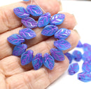 12x7mm Opal blue leaf beads, pink inlays - 30pc