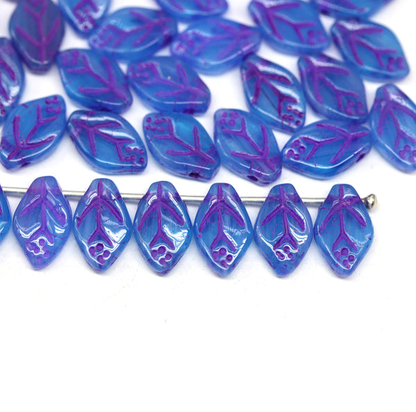 12x7mm Opal blue leaf beads, pink inlays - 30pc