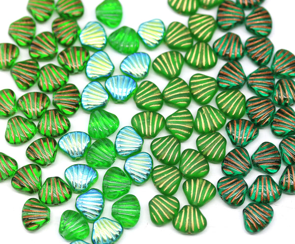 9x7mm Green glass shell Czech beads center drilled, 20pc