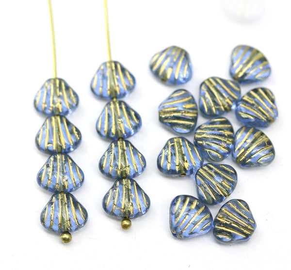 9x7mm Blue glass shell Czech beads center drilled, 20pc