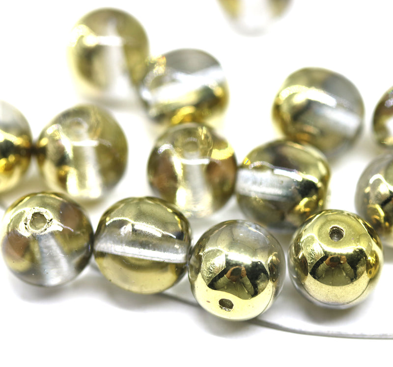 10mm Clear golden round czech glass druk beads - 15pc