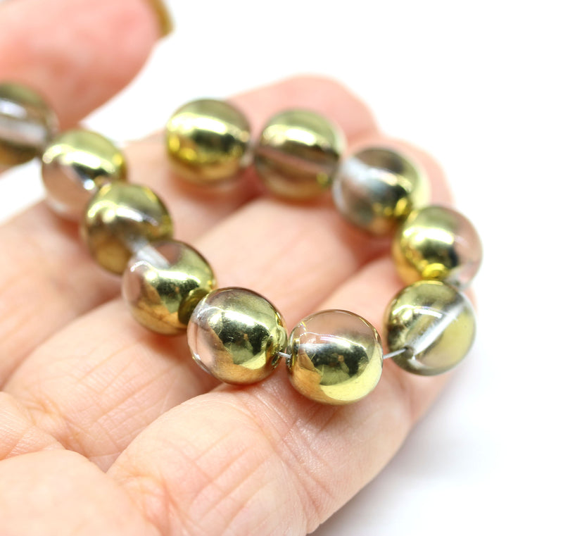 10mm Clear golden round czech glass druk beads - 15pc
