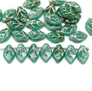 12x7mm Teal green leaf beads, copper inlays - 30pc