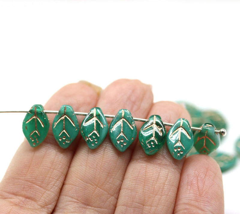 12x7mm Teal green leaf beads, copper inlays - 30pc