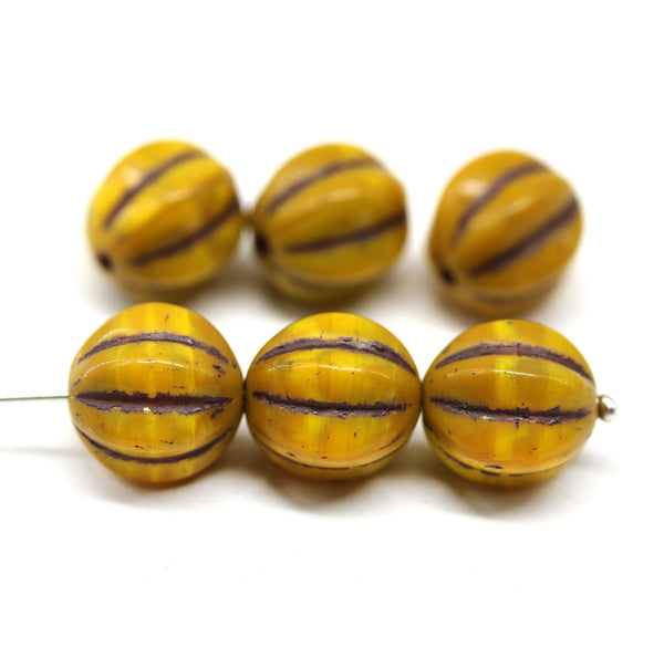 12mm Ocher yellow melon czech glass beads, 6pc