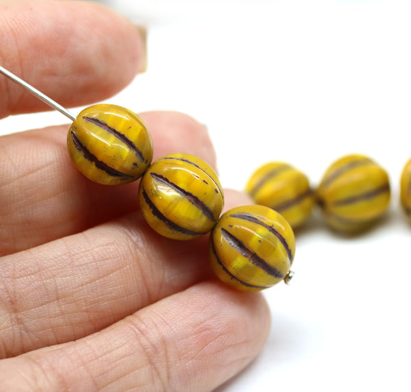 12mm Ocher yellow melon czech glass beads, 6pc