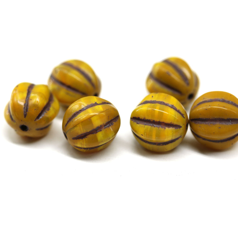 12mm Ocher yellow melon czech glass beads, 6pc