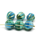 12mm Blue green melon czech glass beads, gold wash, 6pc