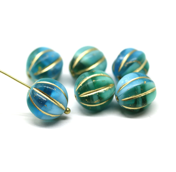 12mm Blue green melon czech glass beads, gold wash, 6pc