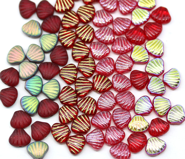9x7mm Red glass shell Czech beads center drilled, 20pc