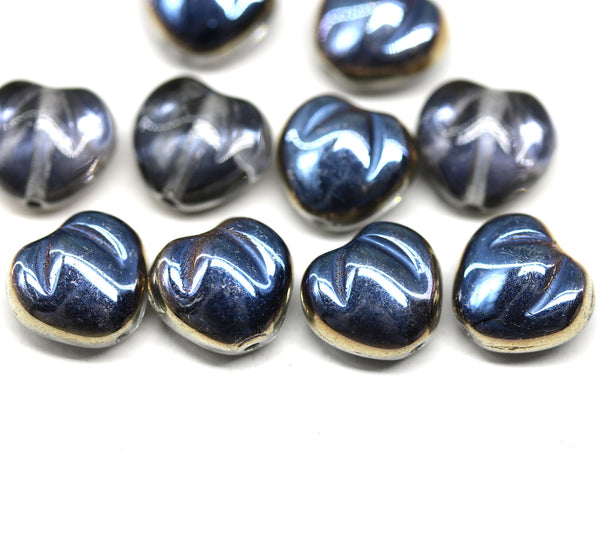 10mm Blue metallic puffy heart glass beads - 10Pc
