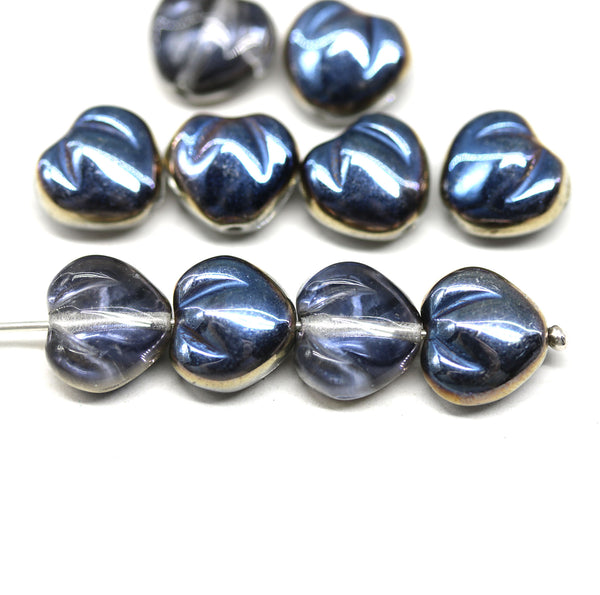 10mm Blue metallic puffy heart glass beads - 10Pc