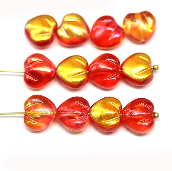 10mm Red yellow puffy heart glass beads - 15Pc