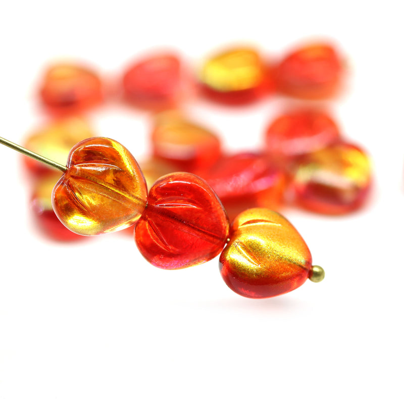10mm Red yellow puffy heart glass beads - 15Pc