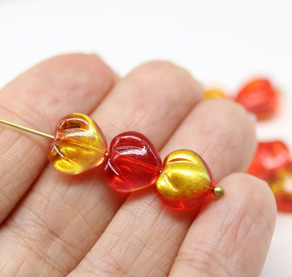10mm Red yellow puffy heart glass beads - 15Pc