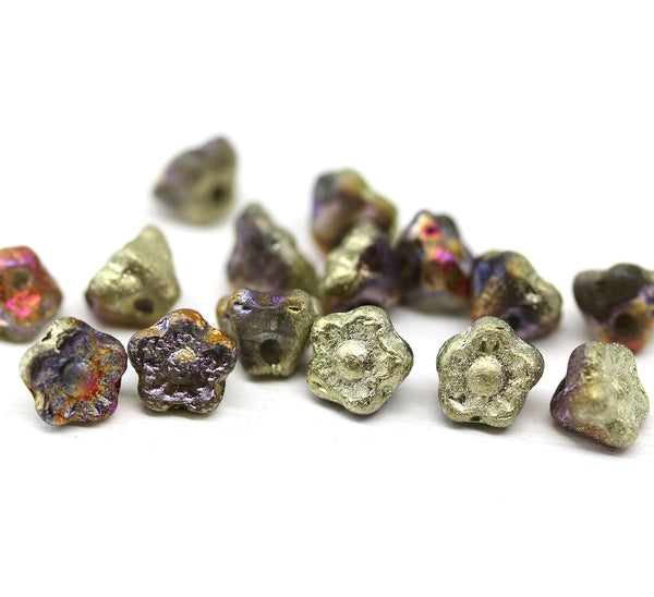 7mm Gold metallic button style flower beads, 15pc