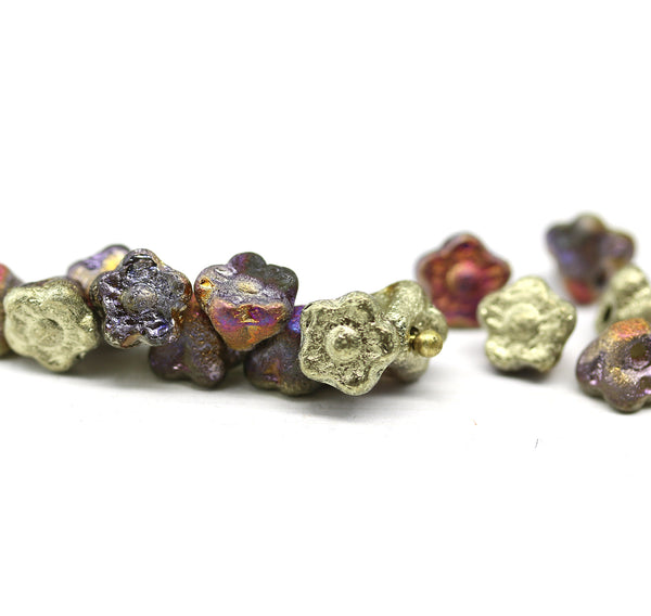 7mm Gold metallic button style flower beads, 15pc