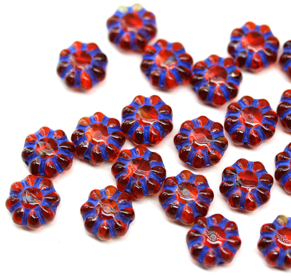 9mm Orange blue inlays daisy flower czech glass beads, 20Pc
