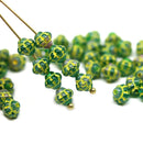 6mm Mixed green fancy Czech glass bicone beads, yellow inlays, 50pc