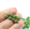 6mm Mixed green fancy Czech glass bicone beads, yellow inlays, 50pc