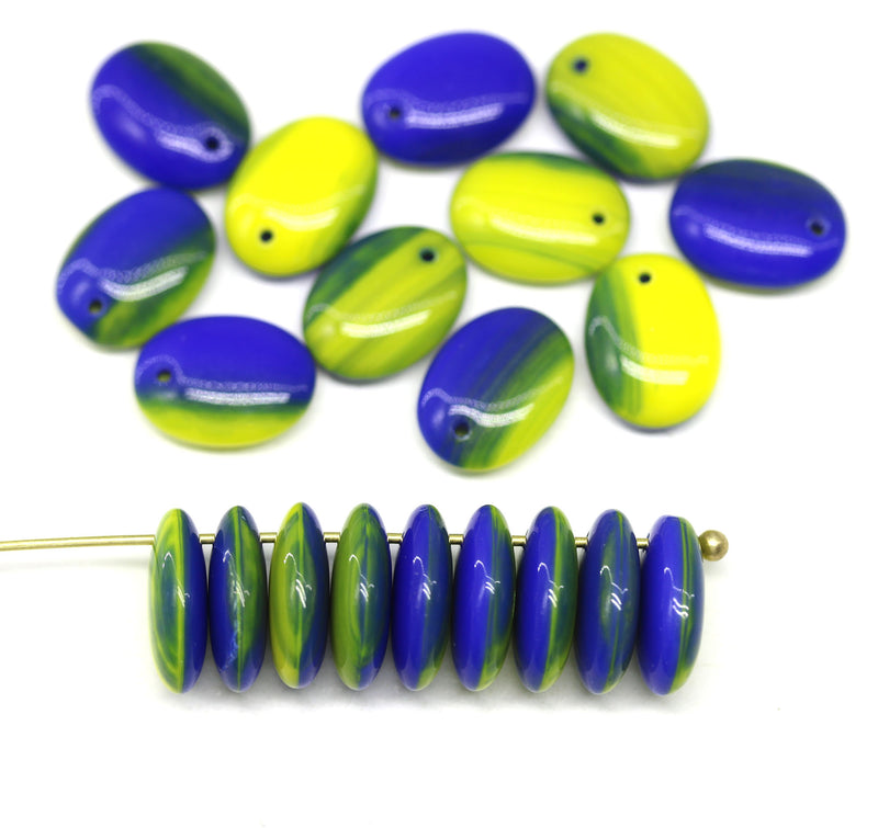 12x9mm Blue yellow lentil Oval flat drop czech glass beads top drilled - 20Pc