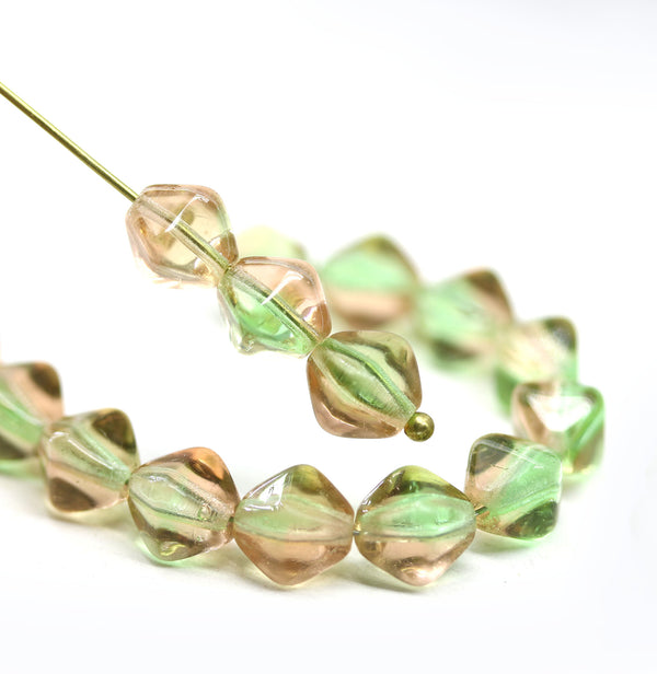 8mm Warm green peach bicone czech glass pressed beads, 20Pc