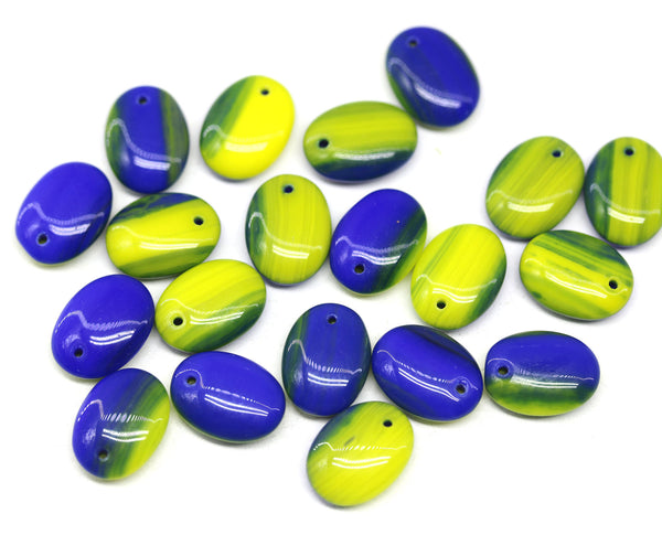 12x9mm Blue yellow lentil Oval flat drop czech glass beads top drilled - 20Pc