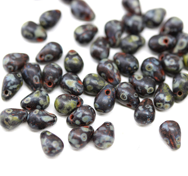 4x6mm Tiny black picasso teardrops Czech glass beads - 50pc