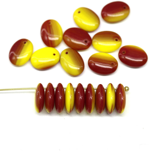 12x9mm Red yellow lentil Oval flat drop czech glass beads top drilled - 20Pc