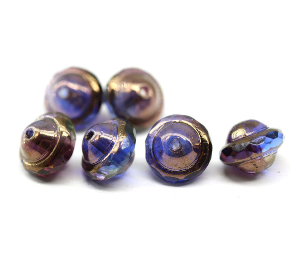 8x10mm Blue purple saucer Czech glass beads UFO shape - 6Pc