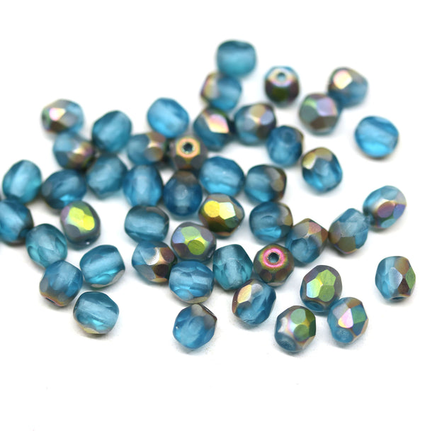 4mm Aqua blue frosted czech glass beads, fire polished AB finish - 50Pc