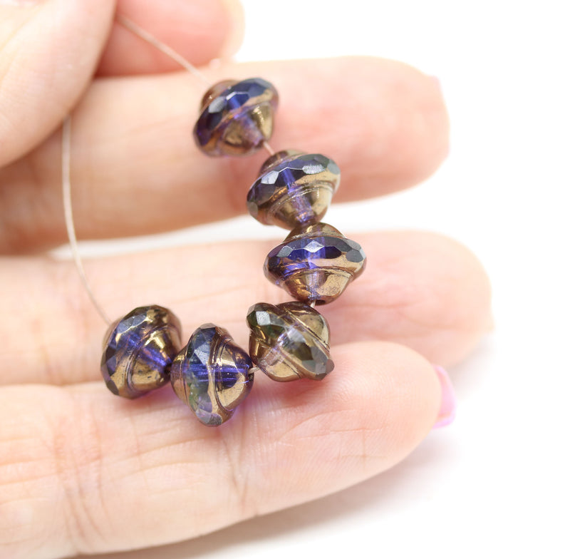 8x10mm Blue purple saucer Czech glass beads UFO shape - 6Pc