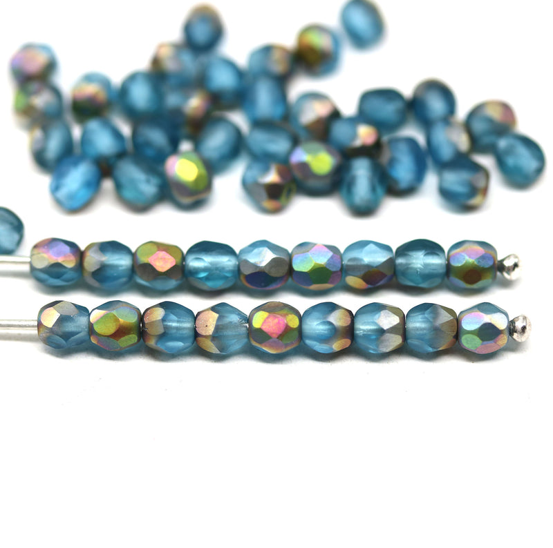 4mm Aqua blue frosted czech glass beads, fire polished AB finish - 50Pc